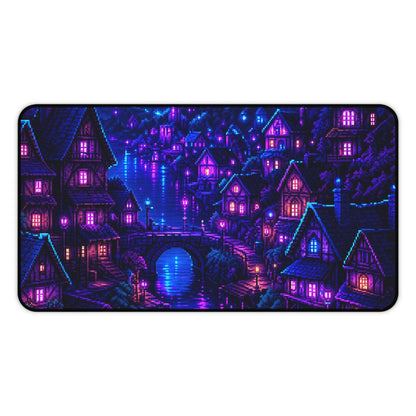Pixel Art Village At Night - Gaming Culture Gaming Desk Mat - Moikas