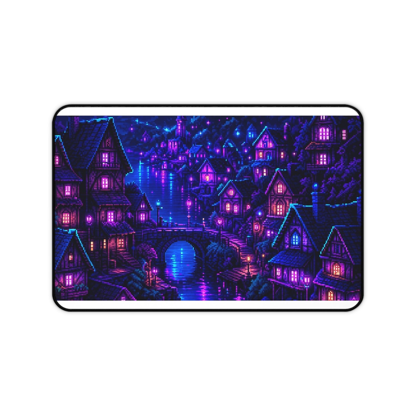 Pixel Art Village At Night - Gaming Culture Gaming Desk Mat - Moikas