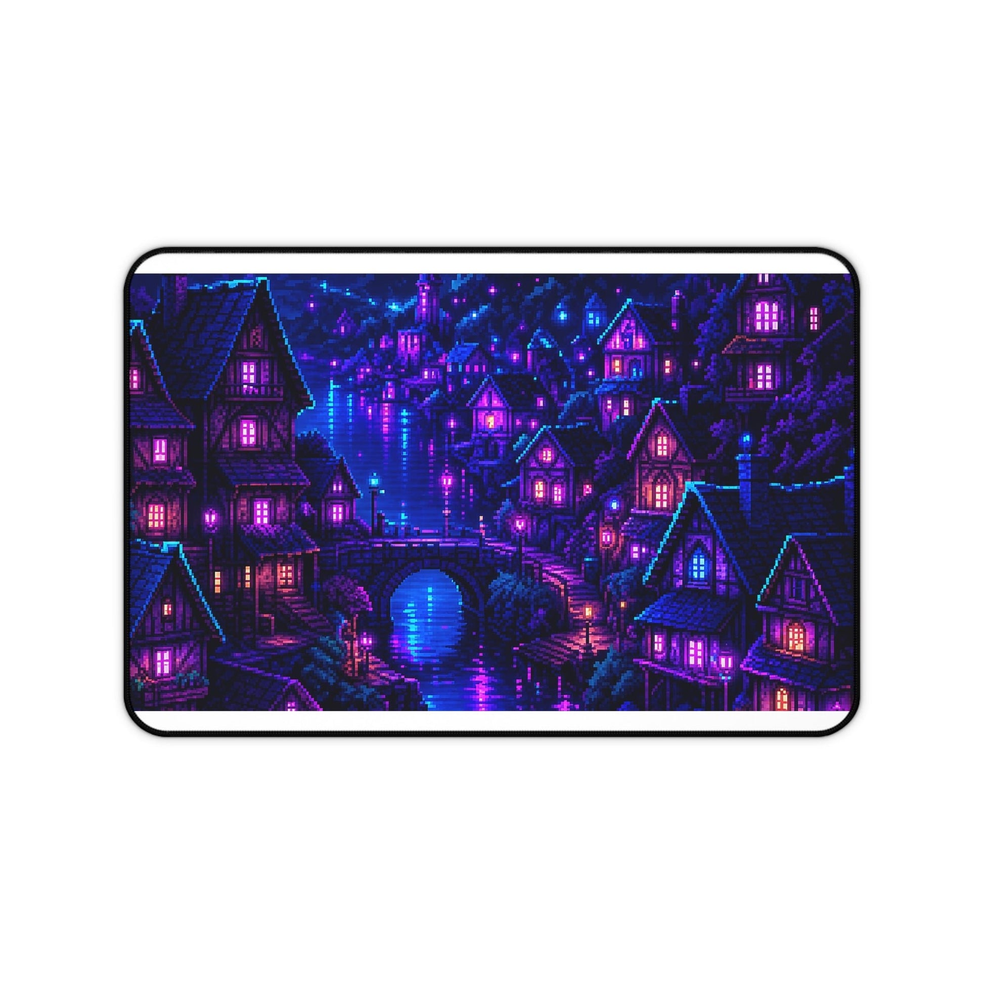 Pixel Art Village At Night - Gaming Culture Gaming Desk Mat - Moikas