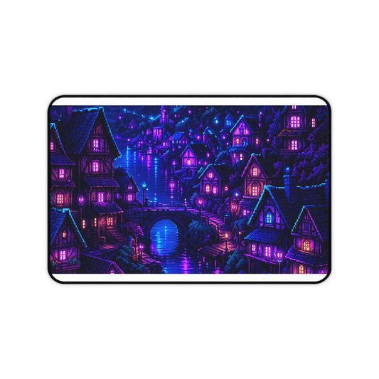 Pixel Art Village At Night - Gaming Culture Gaming Desk Mat - Moikas