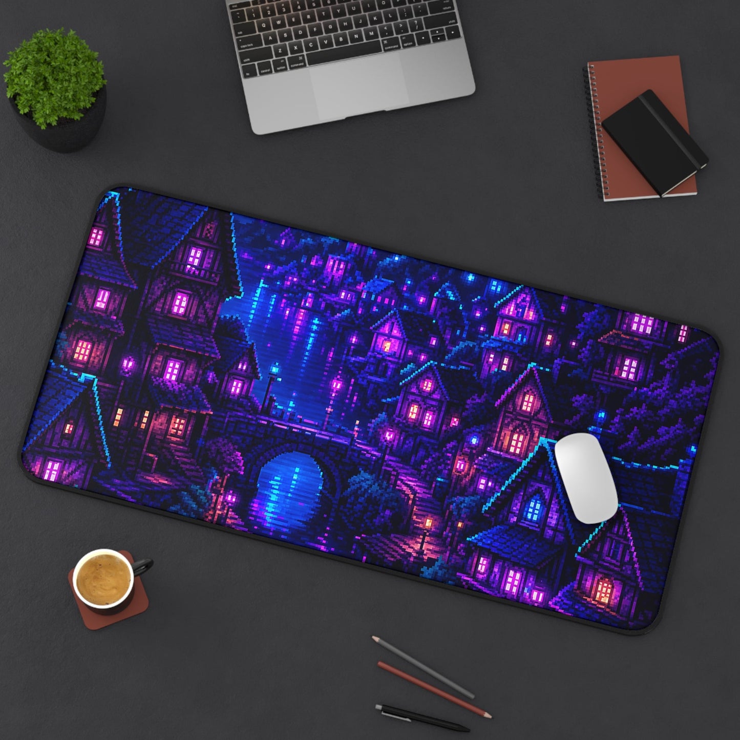 Pixel Art Village At Night - Gaming Culture Gaming Desk Mat - Moikas