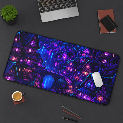 Pixel Art Village At Night - Gaming Culture Gaming Desk Mat - Moikas