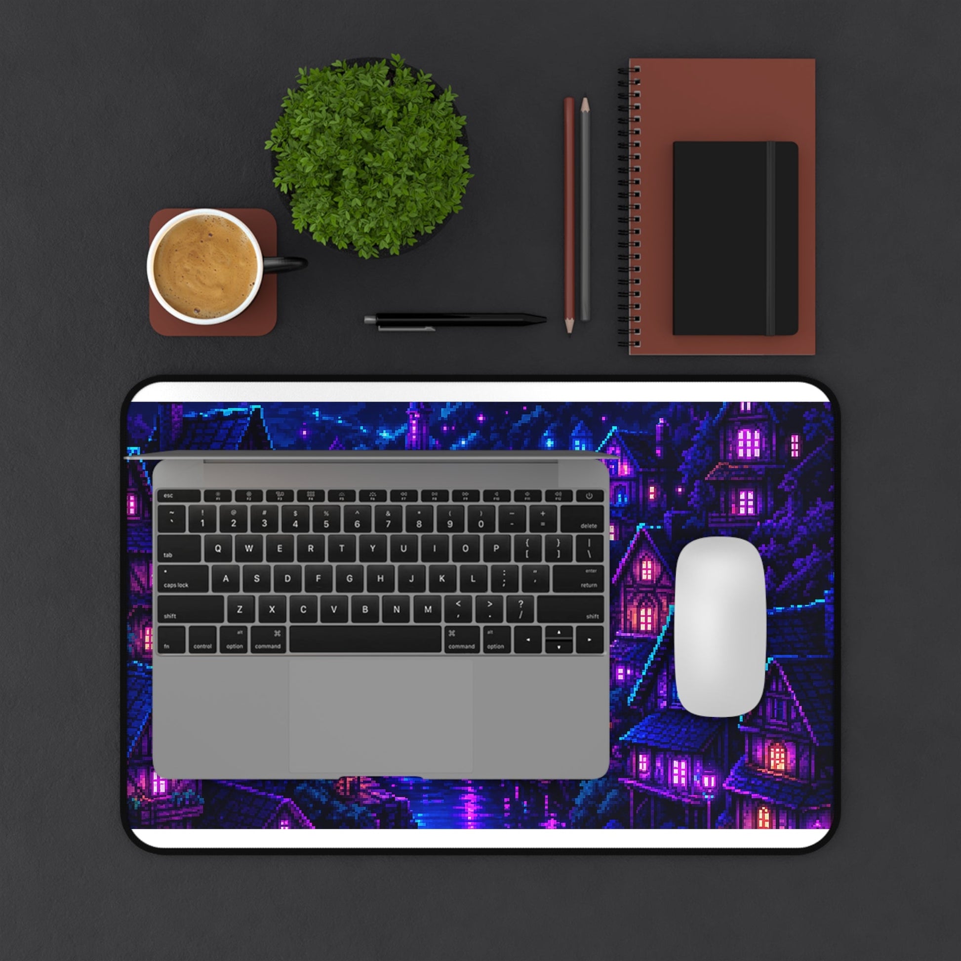 Pixel Art Village At Night - Gaming Culture Gaming Desk Mat - Moikas