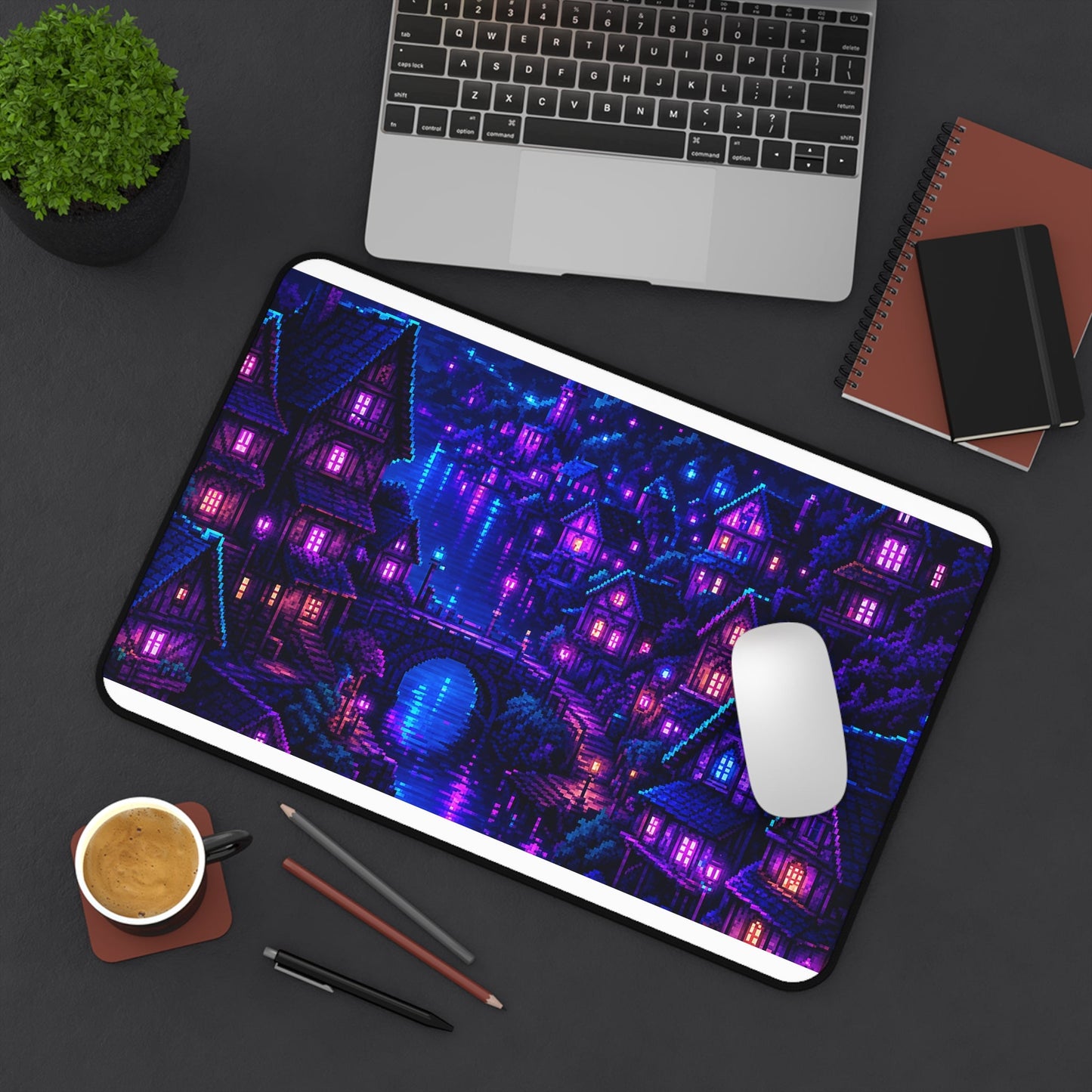 Pixel Art Village At Night - Gaming Culture Gaming Desk Mat - Moikas