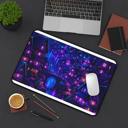 Pixel Art Village At Night - Gaming Culture Gaming Desk Mat - Moikas