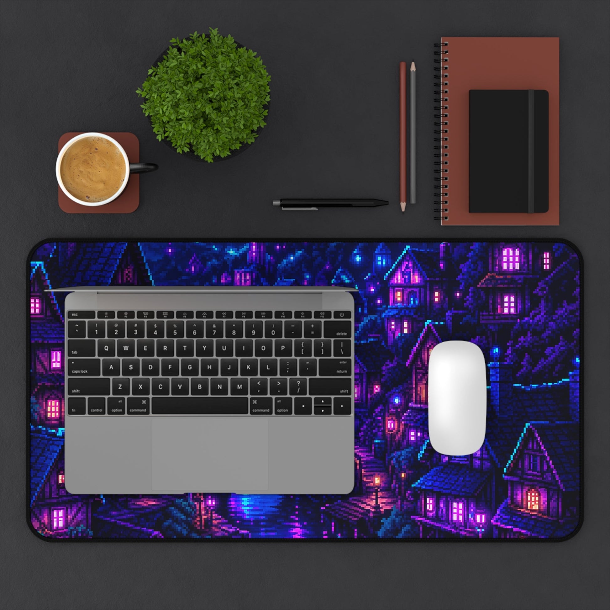 Pixel Art Village At Night - Gaming Culture Gaming Desk Mat - Moikas