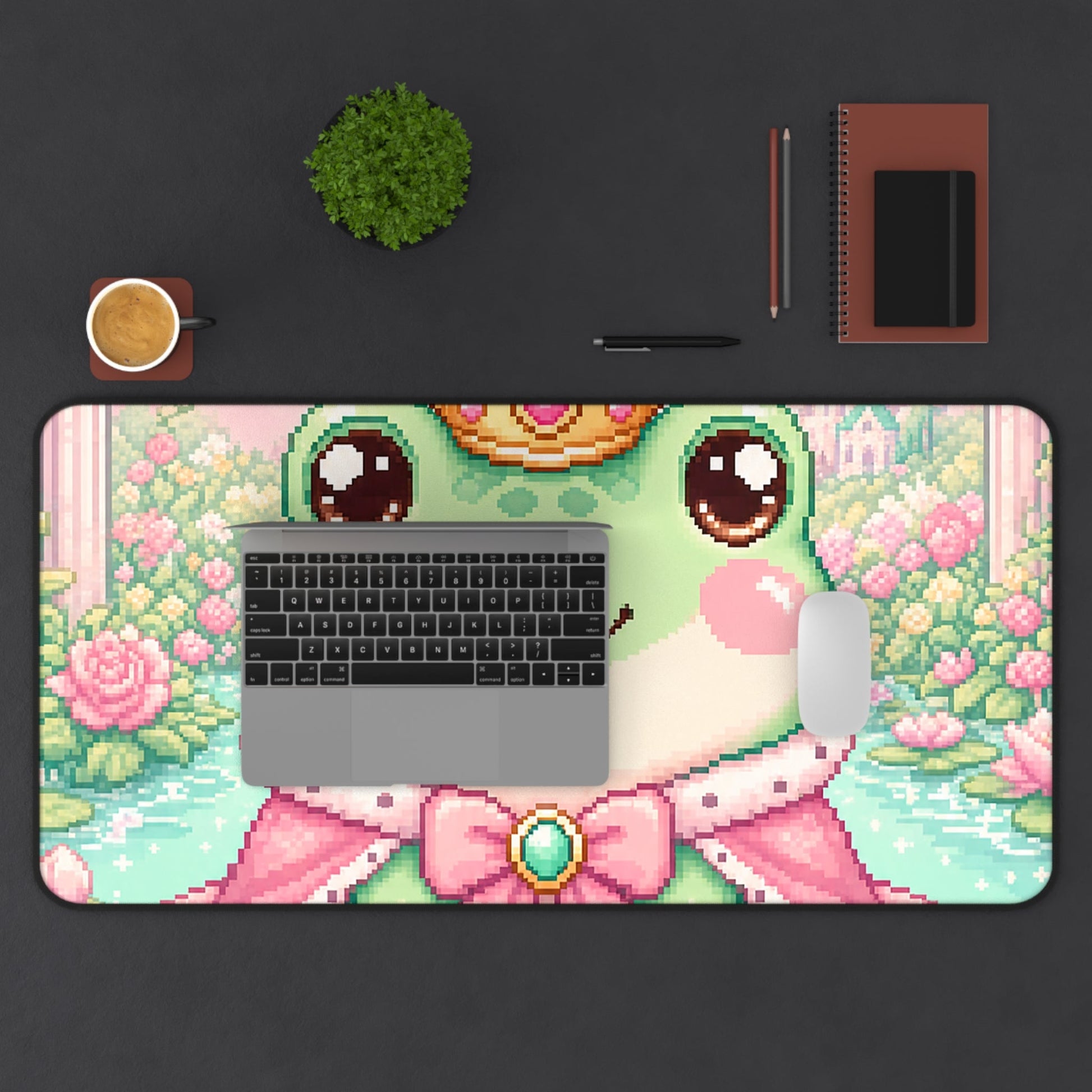 Pixel Frog With Crown - Kawaii Gaming Gaming Desk Mat - Moikas