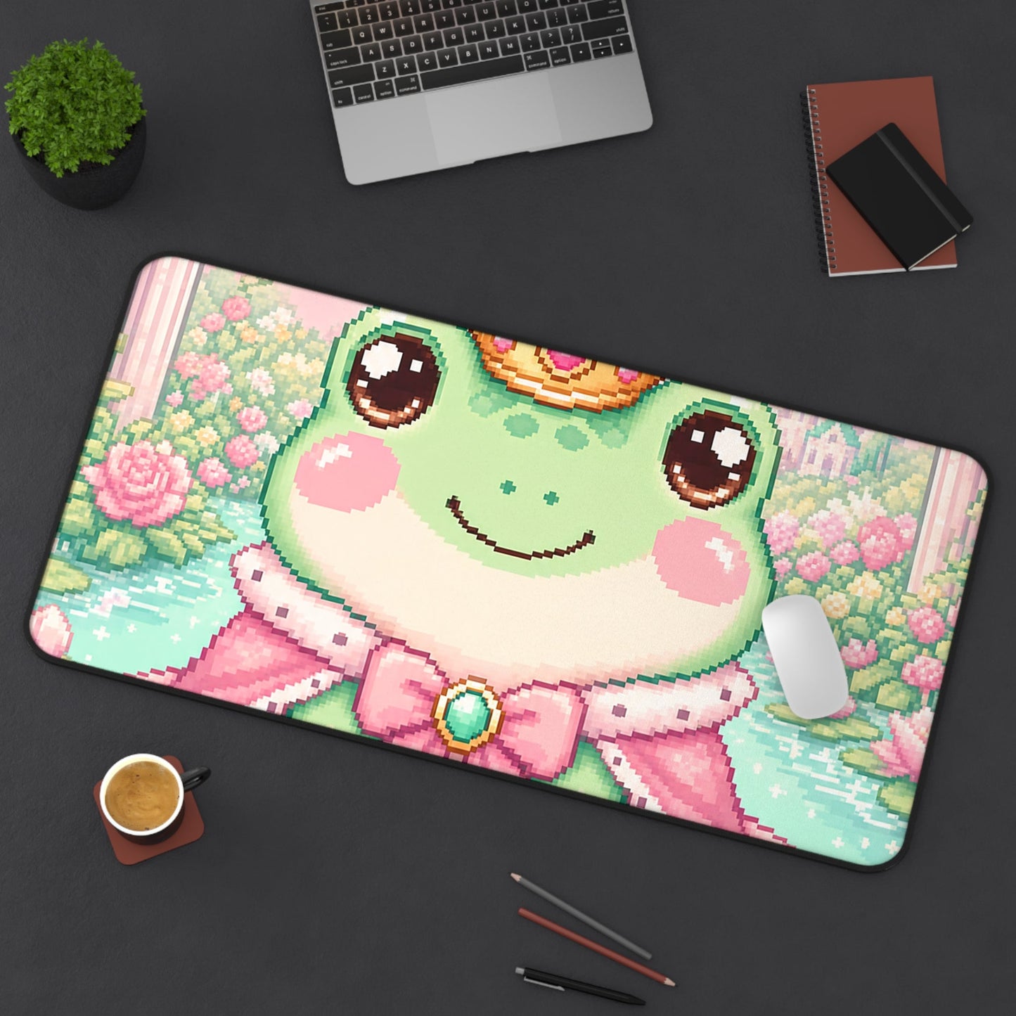 Pixel Frog With Crown - Kawaii Gaming Gaming Desk Mat - Moikas
