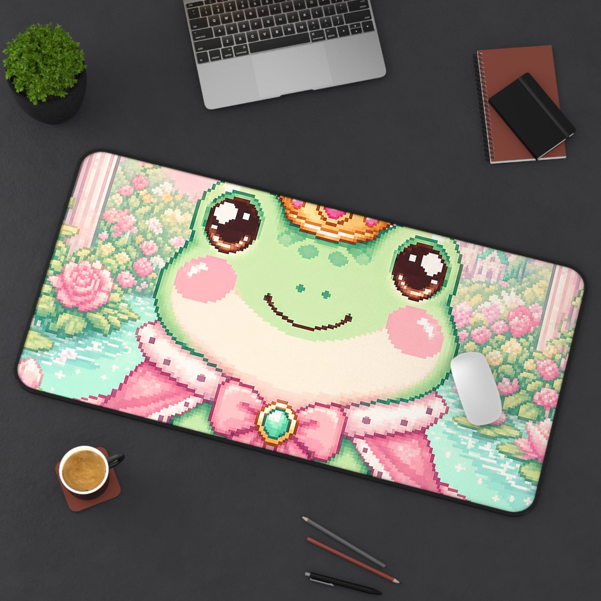 Pixel Frog With Crown - Kawaii Gaming Gaming Desk Mat - Moikas