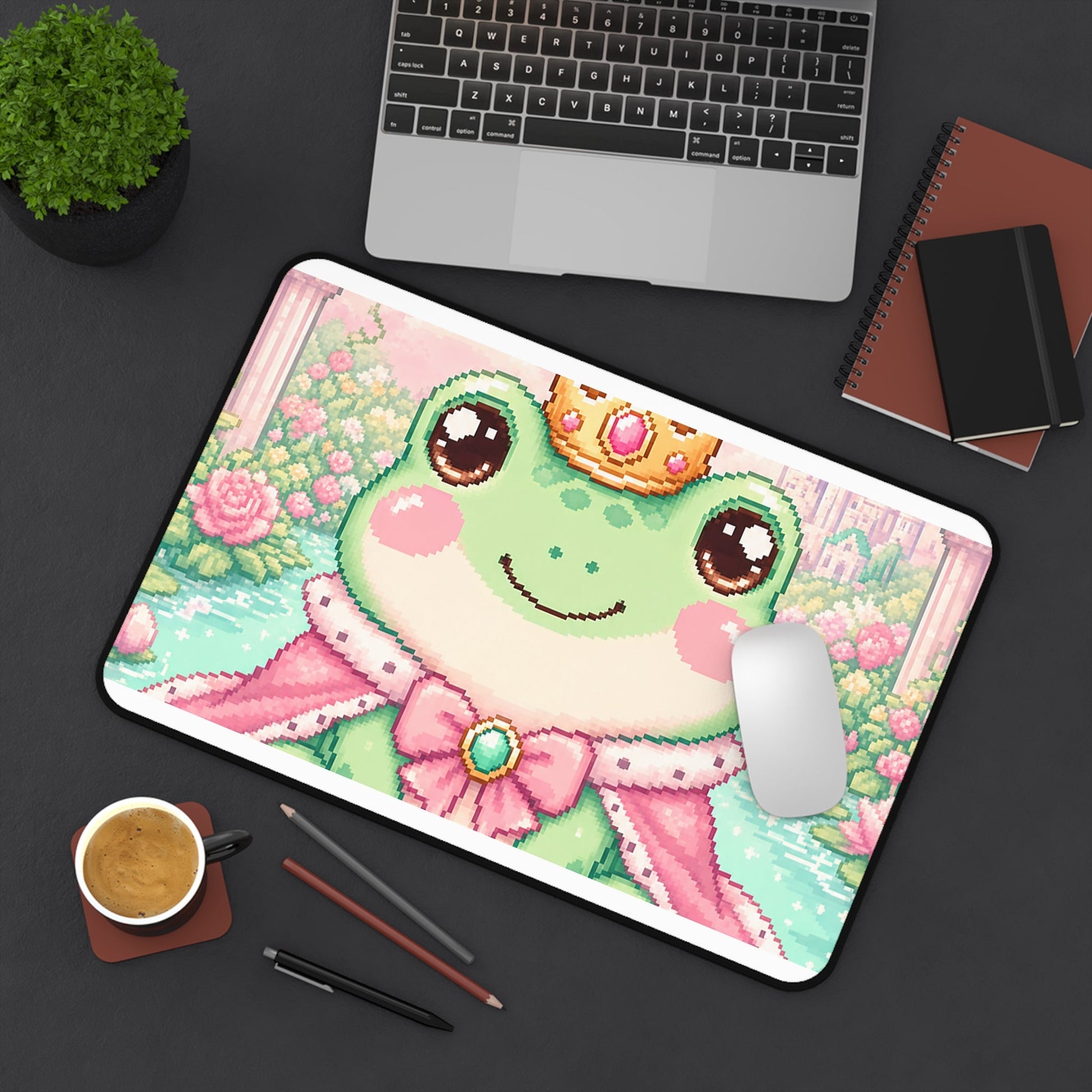 Pixel Frog With Crown - Kawaii Gaming Gaming Desk Mat - Moikas