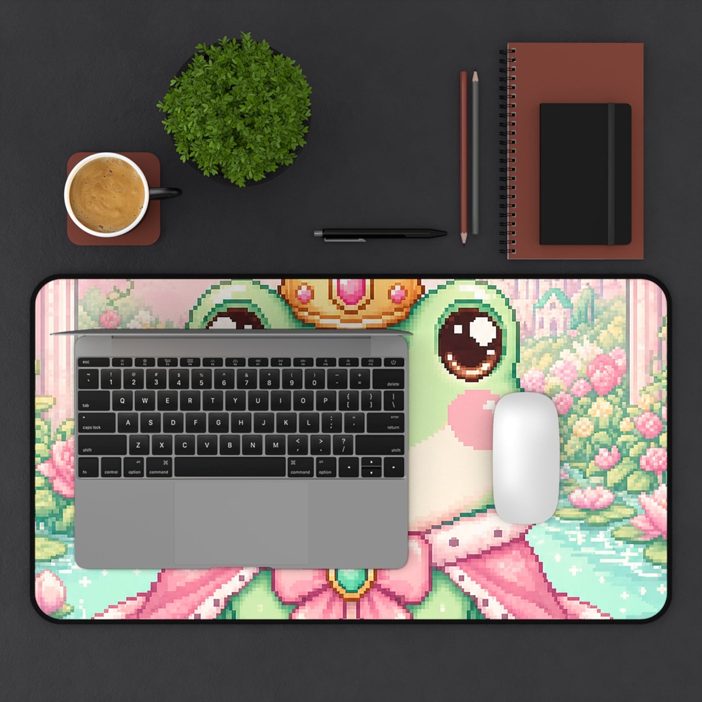 Pixel Frog With Crown - Kawaii Gaming Gaming Desk Mat - Moikas