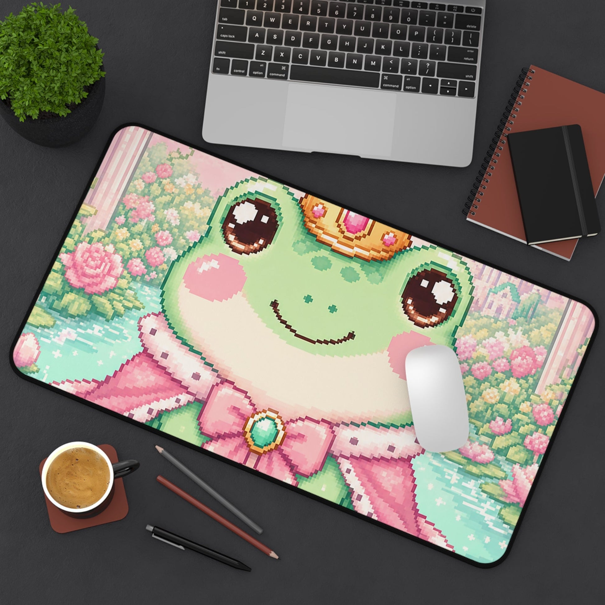 Pixel Frog With Crown - Kawaii Gaming Gaming Desk Mat - Moikas