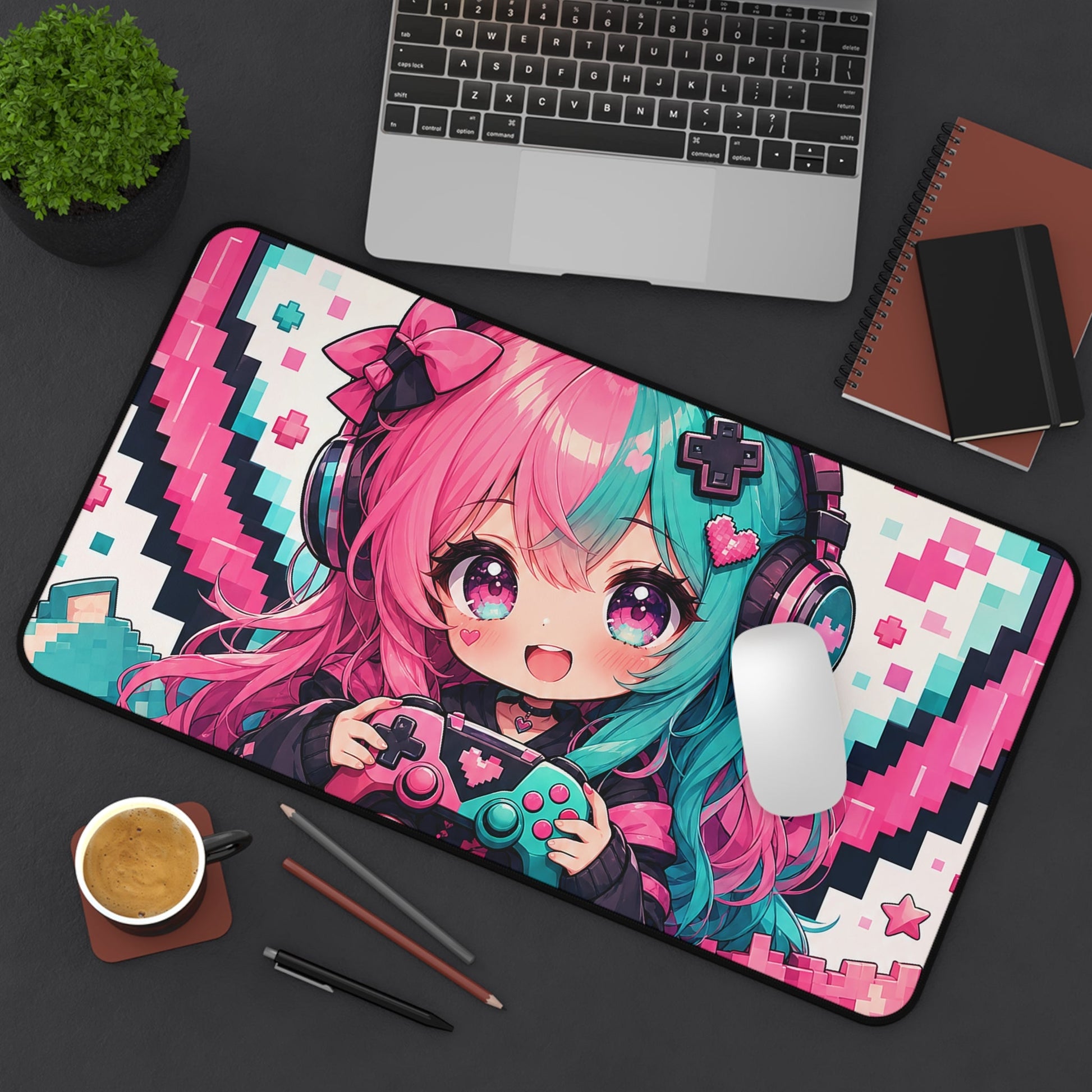 Pixel Heart With Game Controller - Kawaii Gaming Gaming Desk Mat - Moikas