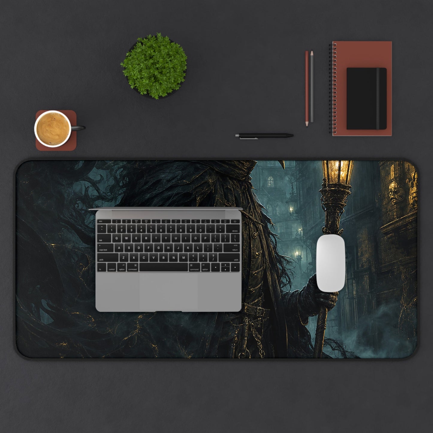 Plague Doctor In Foggy Alley - Dark Fantasy Gaming Desk Mat - Moikas