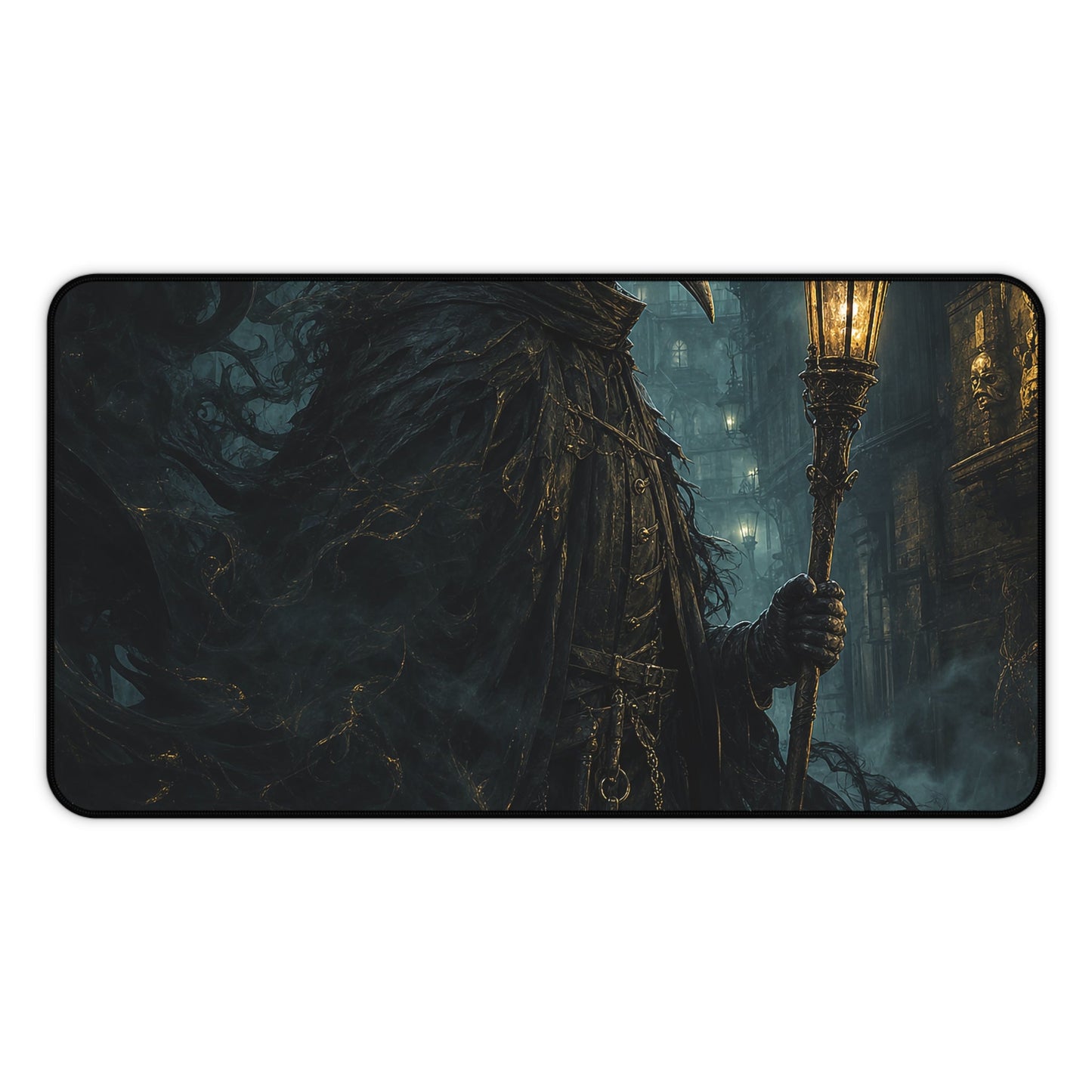 Plague Doctor In Foggy Alley - Dark Fantasy Gaming Desk Mat - Moikas