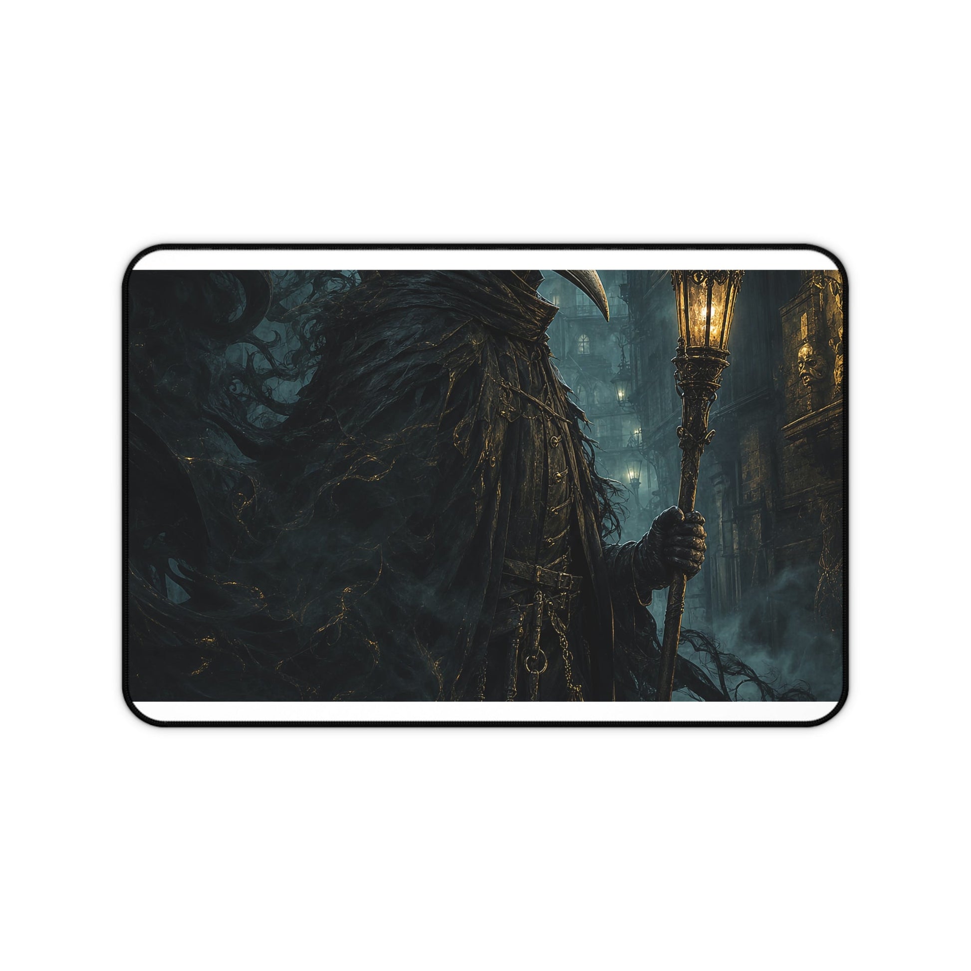 Plague Doctor In Foggy Alley - Dark Fantasy Gaming Desk Mat - Moikas
