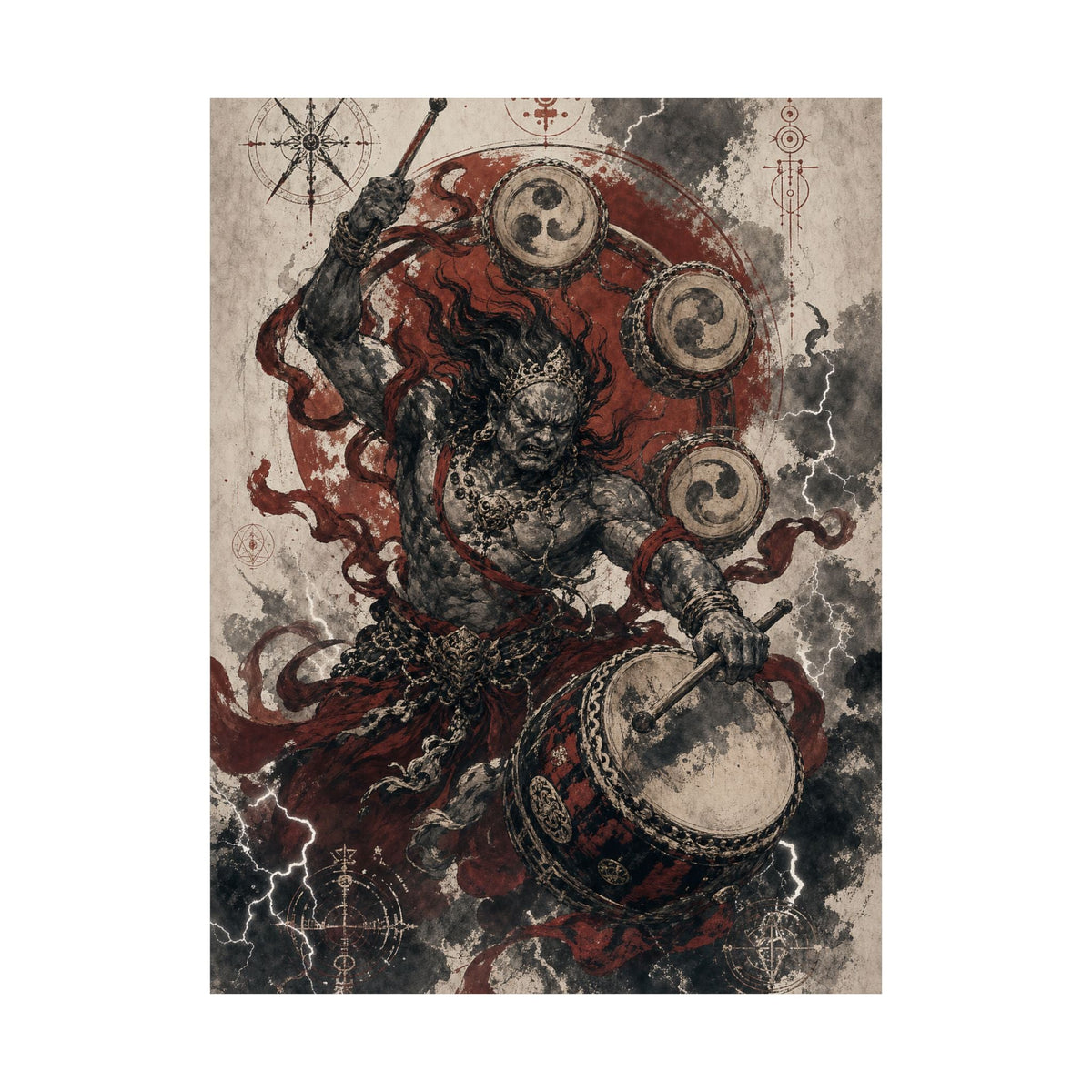 Raijin Thunder God With Drums - Japanese Mythology Art Print (Matte Poster) - Moikas
