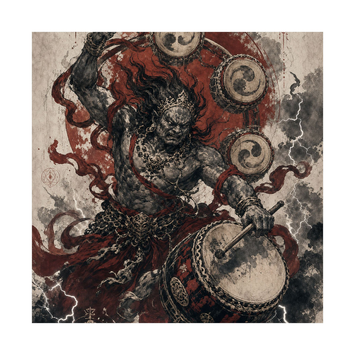 Raijin Thunder God With Drums - Japanese Mythology Art Print (Matte Poster) - Moikas