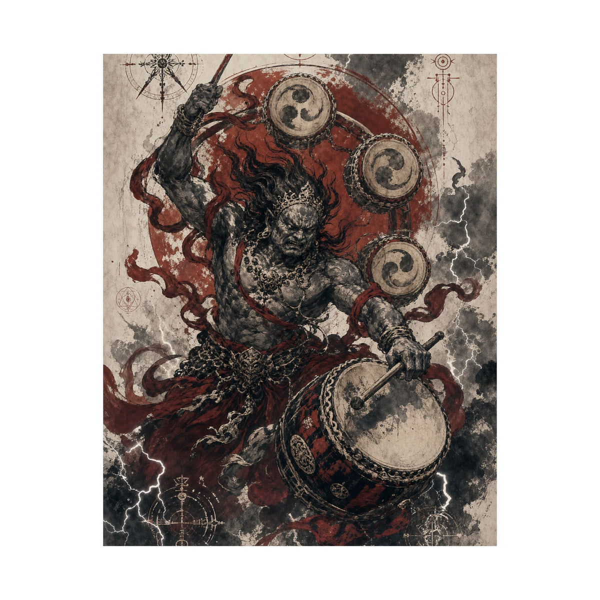 Raijin Thunder God With Drums - Japanese Mythology Art Print (Matte Poster) - Moikas