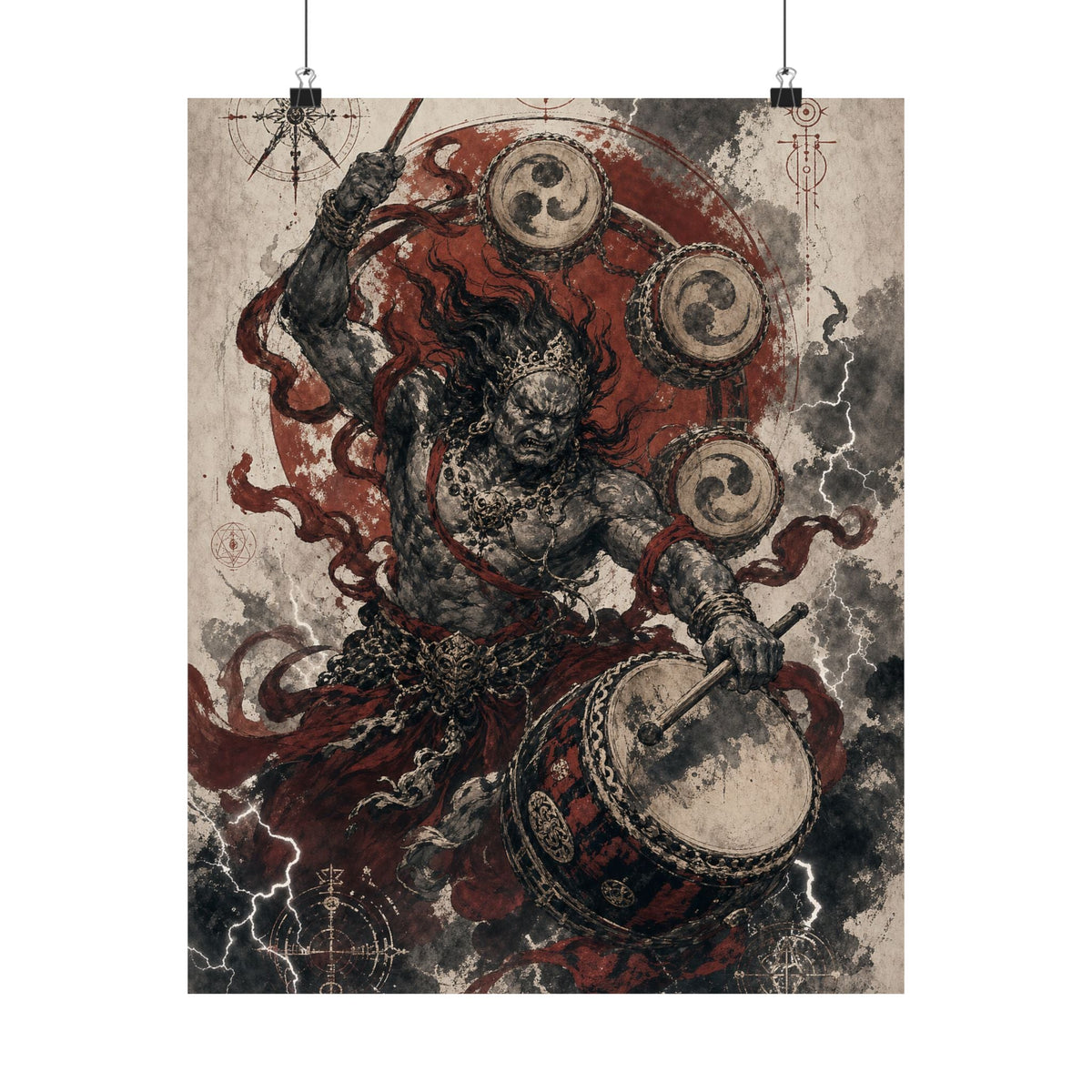 Raijin Thunder God With Drums - Japanese Mythology Art Print (Matte Poster) - Moikas