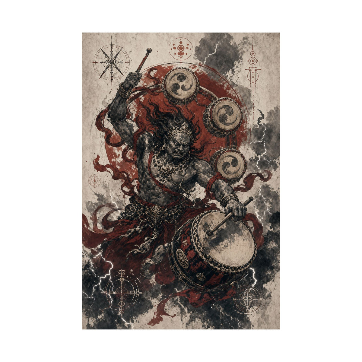 Raijin Thunder God With Drums - Japanese Mythology Art Print (Matte Poster) - Moikas