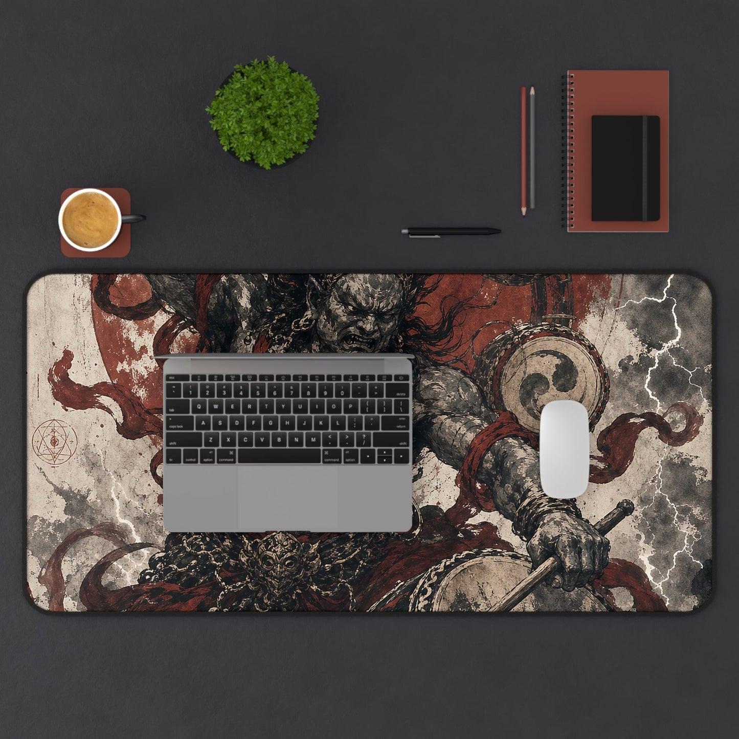Raijin Thunder God With Drums - Japanese Mythology Gaming Desk Mat - Moikas