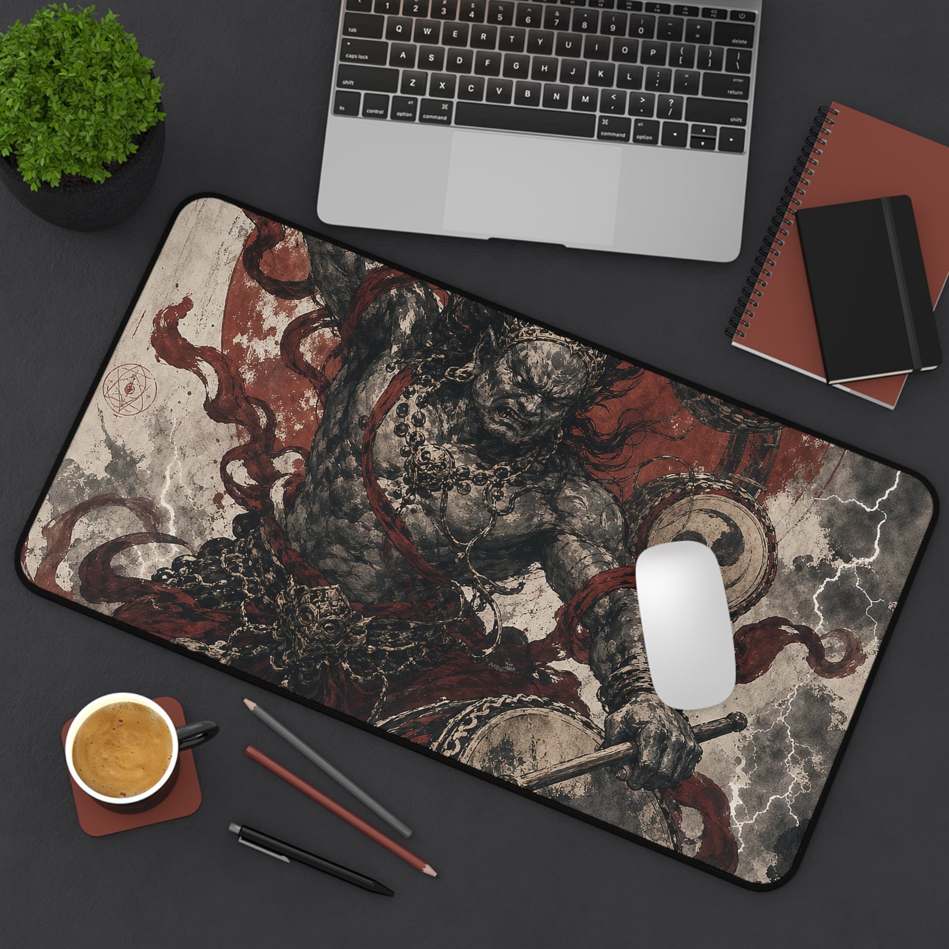 Raijin Thunder God With Drums - Japanese Mythology Gaming Desk Mat - Moikas