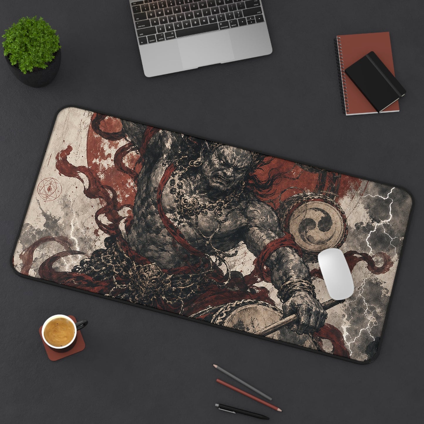 Raijin Thunder God With Drums - Japanese Mythology Gaming Desk Mat - Moikas
