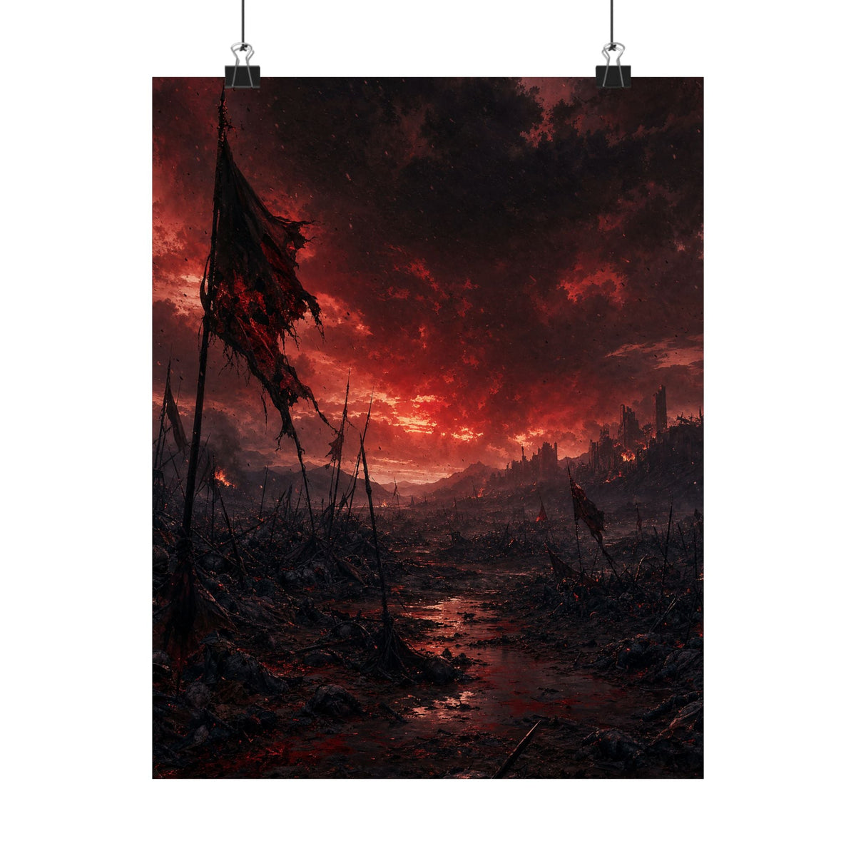Ravaged Battlefield Under Storm Clouds - Dark Fantasy Art Print (Matte Poster) - Moikas