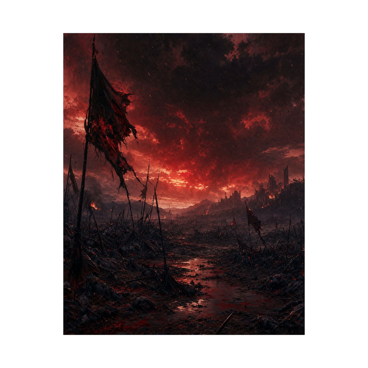 Ravaged Battlefield Under Storm Clouds - Dark Fantasy Art Print (Matte Poster) - Moikas