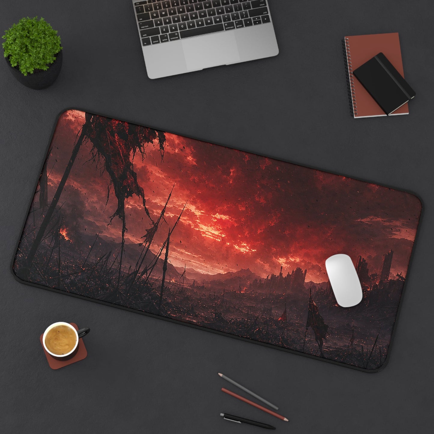 Ravaged Battlefield Under Storm Clouds - Dark Fantasy Gaming Desk Mat - Moikas