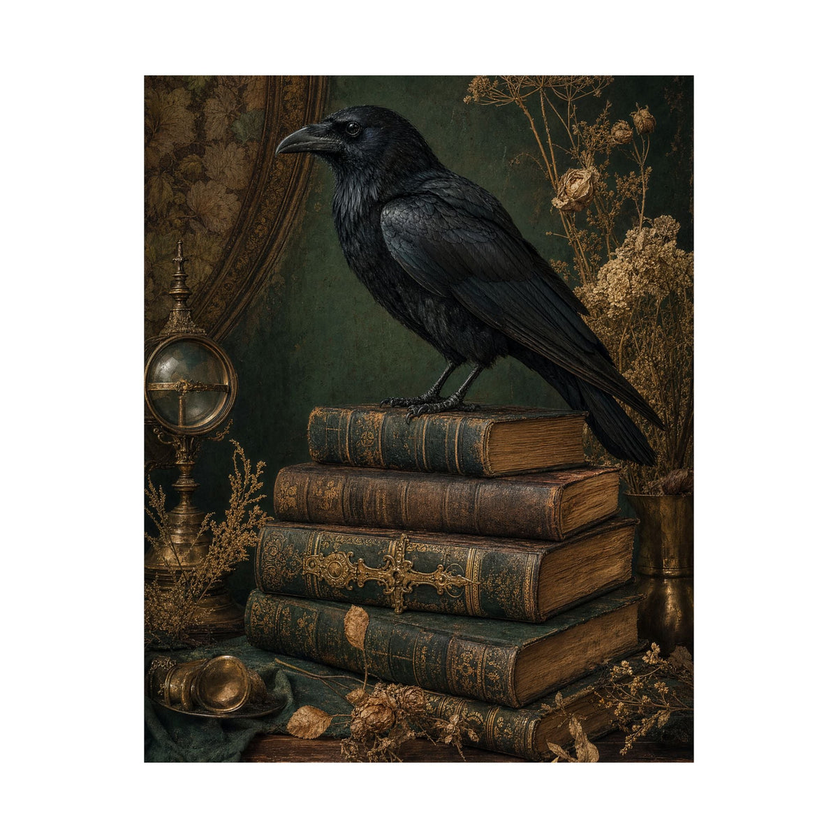 Raven On Stack Of Old Books - Dark Academia Art Print (Matte Poster) - Moikas