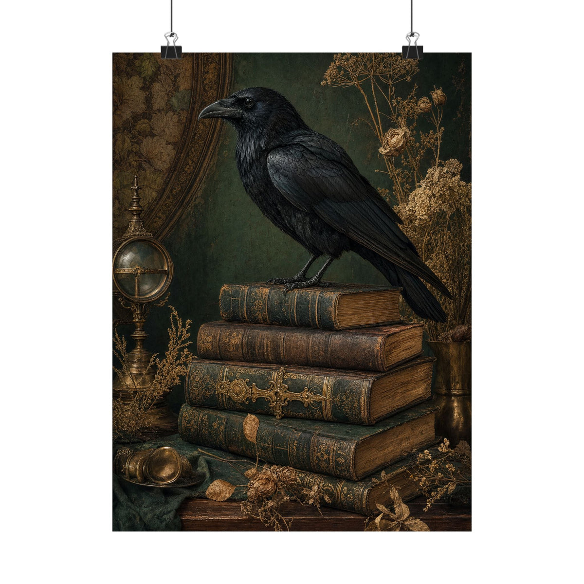 Raven On Stack Of Old Books - Dark Academia Art Print (Matte Poster) - Moikas