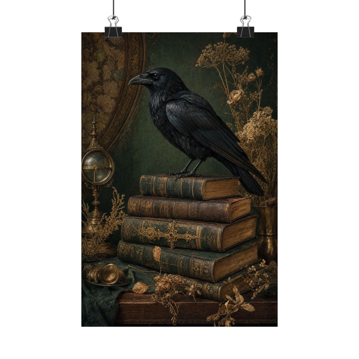 Raven On Stack Of Old Books - Dark Academia Art Print (Matte Poster) - Moikas