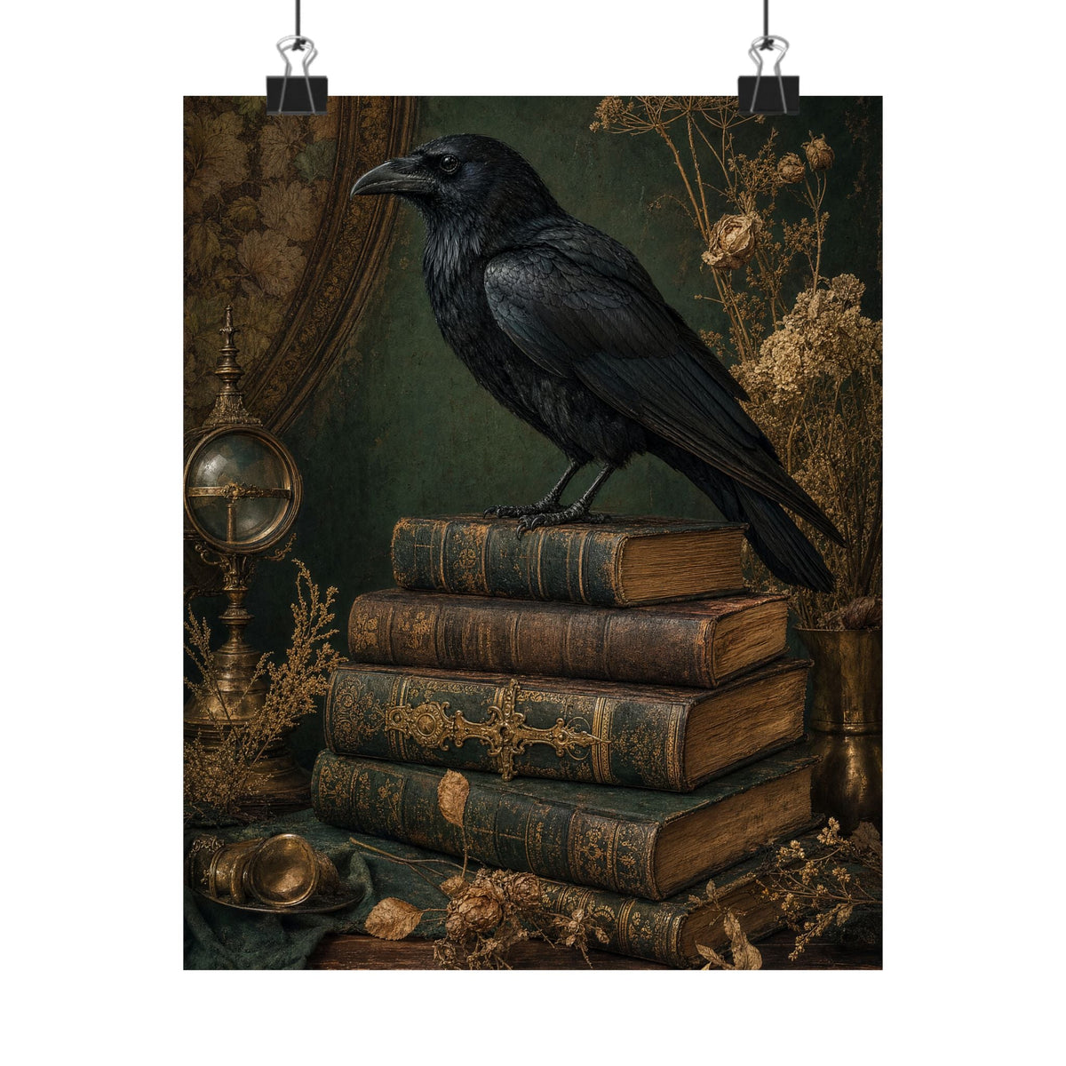 Raven On Stack Of Old Books - Dark Academia Art Print (Matte Poster) - Moikas