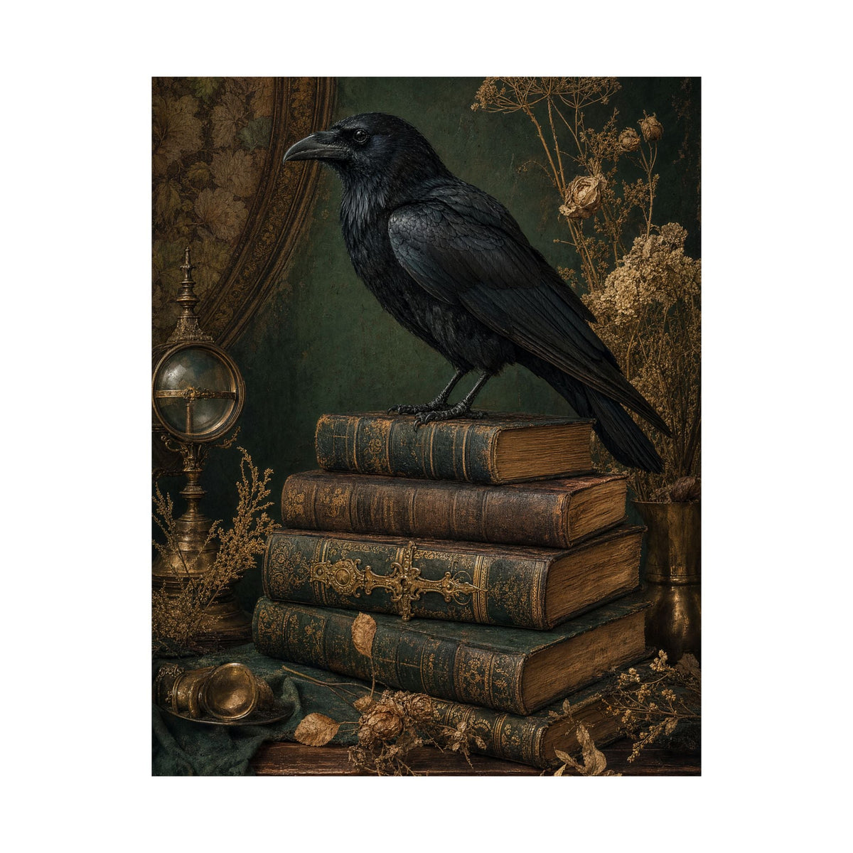 Raven On Stack Of Old Books - Dark Academia Art Print (Matte Poster) - Moikas