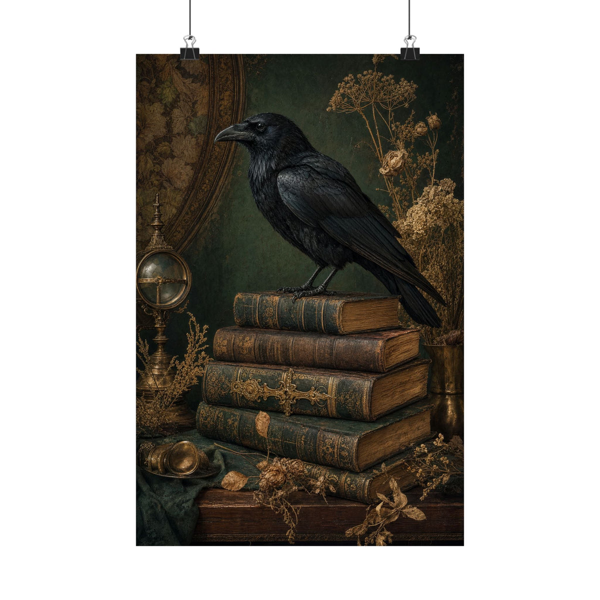 Raven On Stack Of Old Books - Dark Academia Art Print (Matte Poster) - Moikas