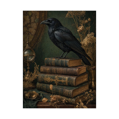Raven On Stack Of Old Books - Dark Academia Art Print (Matte Poster) - Moikas