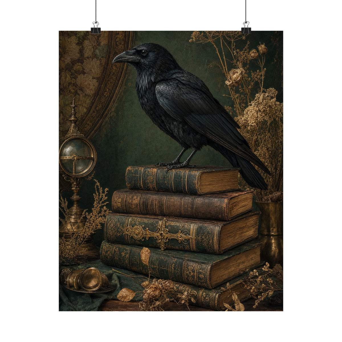 Raven On Stack Of Old Books - Dark Academia Art Print (Matte Poster) - Moikas