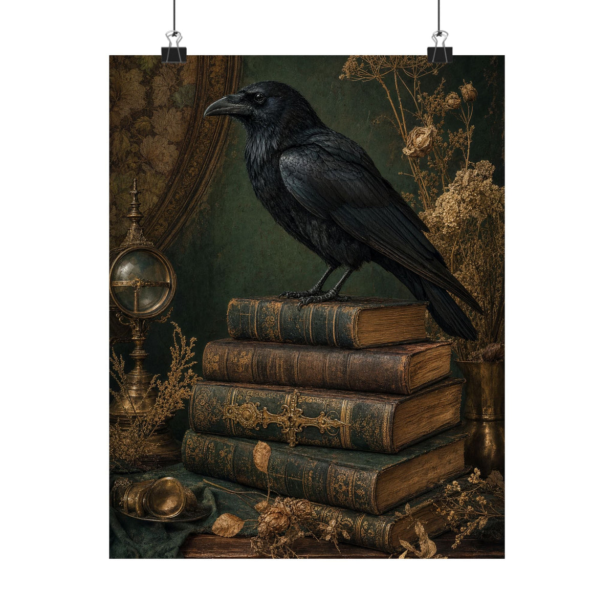 Raven On Stack Of Old Books - Dark Academia Art Print (Matte Poster) - Moikas