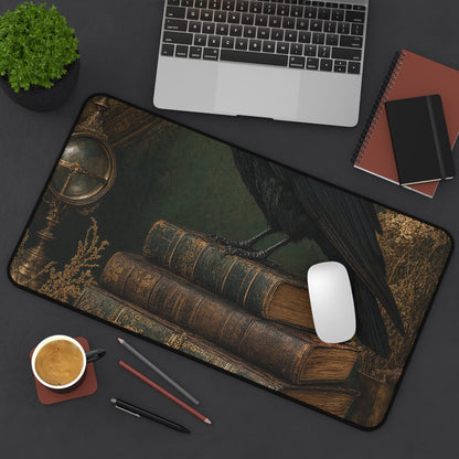 Raven On Stack Of Old Books - Dark Academia Gaming Desk Mat - Moikas