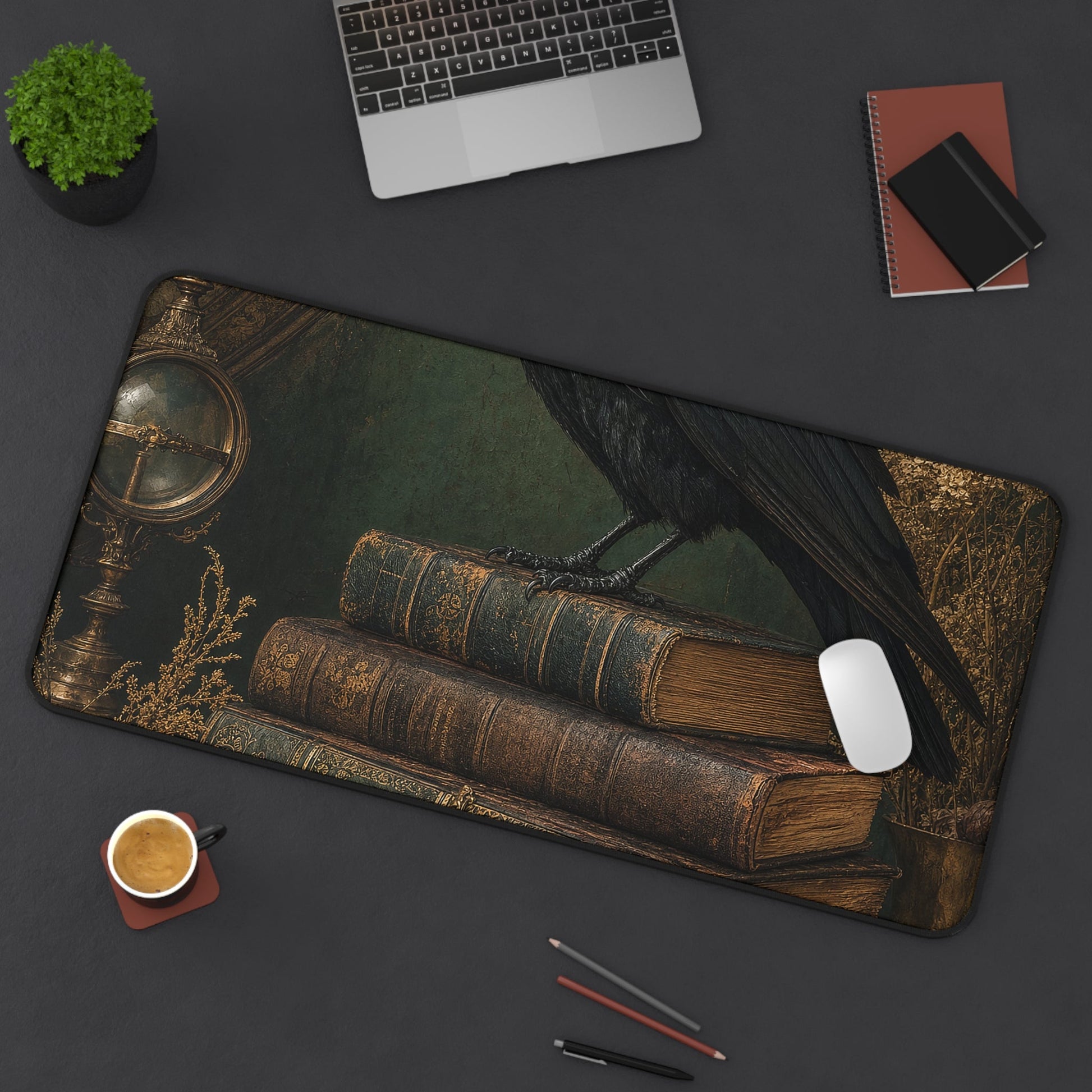 Raven On Stack Of Old Books - Dark Academia Gaming Desk Mat - Moikas