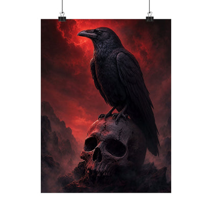 Raven Perched On Skull - Dark Fantasy Art Print (Matte Poster) - Moikas