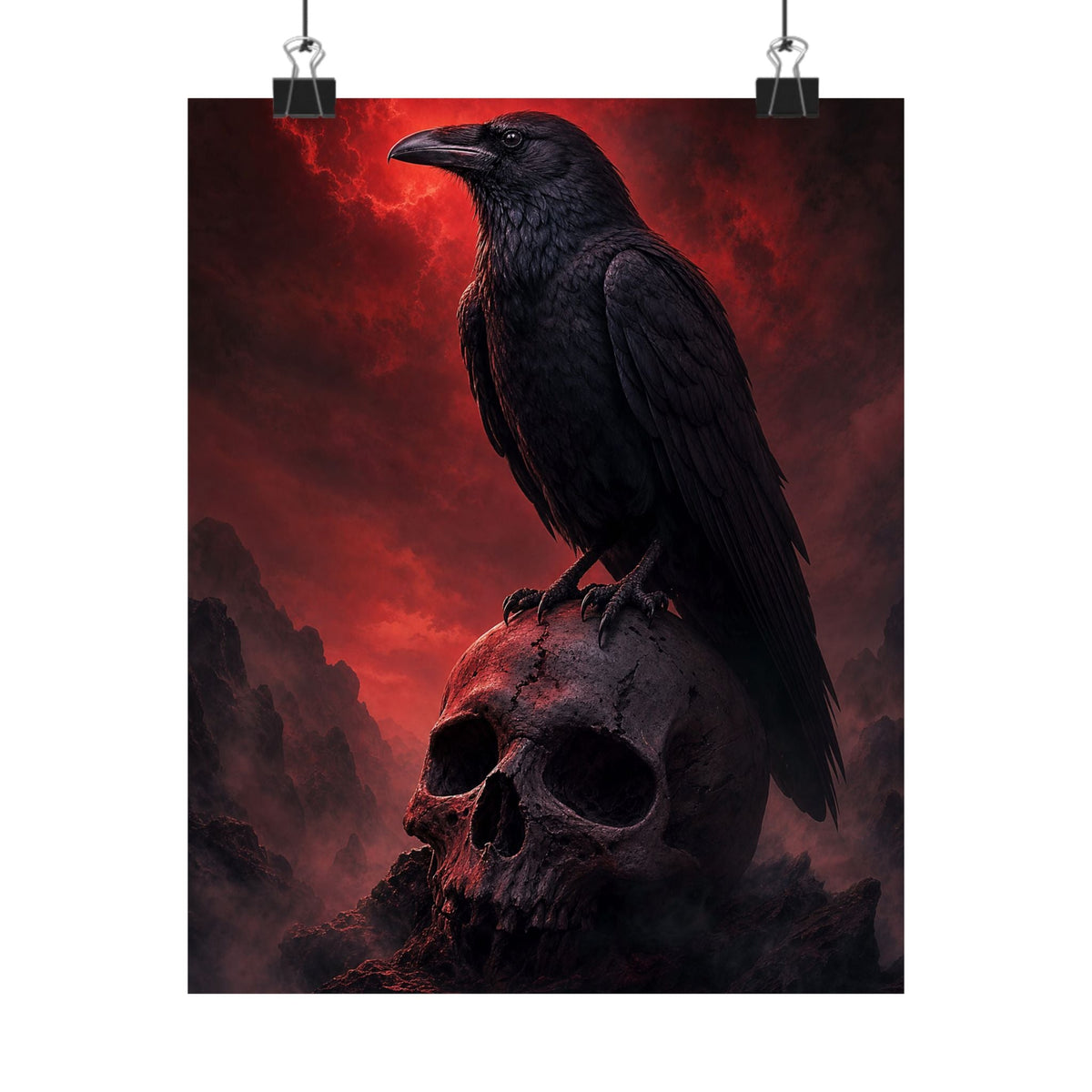 Raven Perched On Skull - Dark Fantasy Art Print (Matte Poster) - Moikas