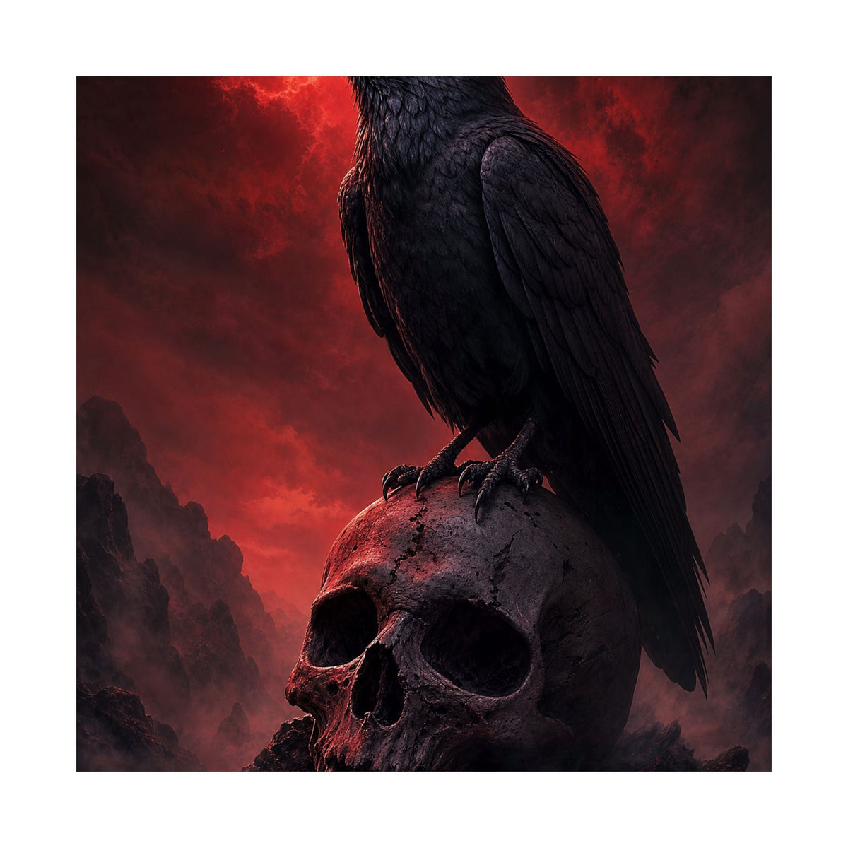 Raven Perched On Skull - Dark Fantasy Art Print (Matte Poster) - Moikas