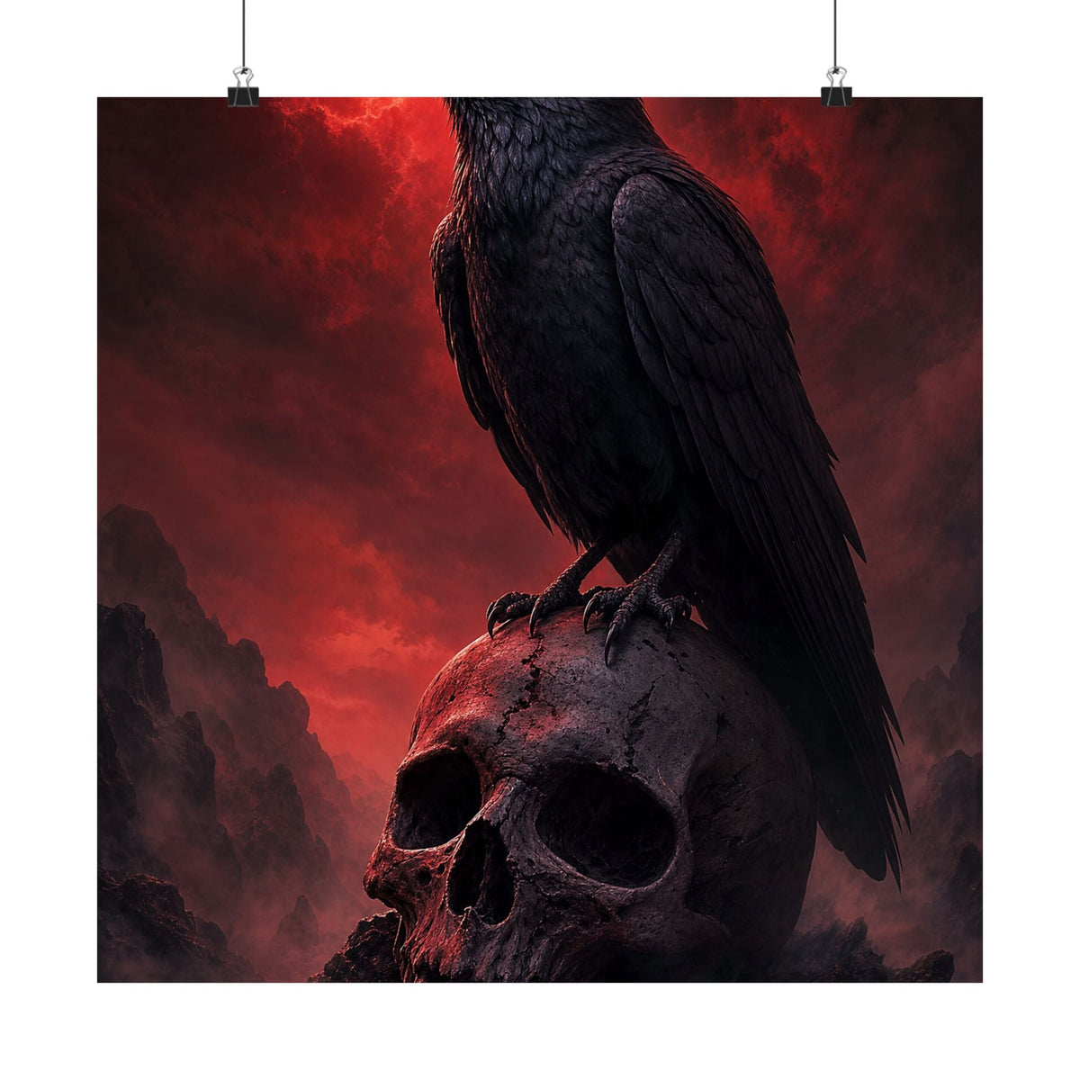Raven Perched On Skull - Dark Fantasy Art Print (Matte Poster) - Moikas