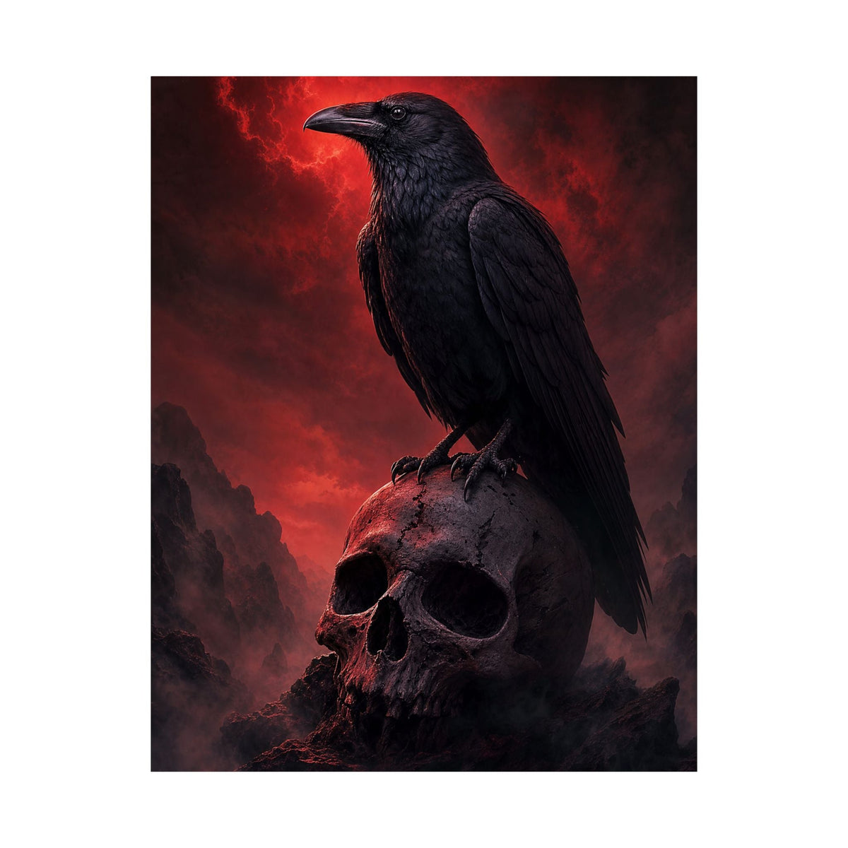 Raven Perched On Skull - Dark Fantasy Art Print (Matte Poster) - Moikas