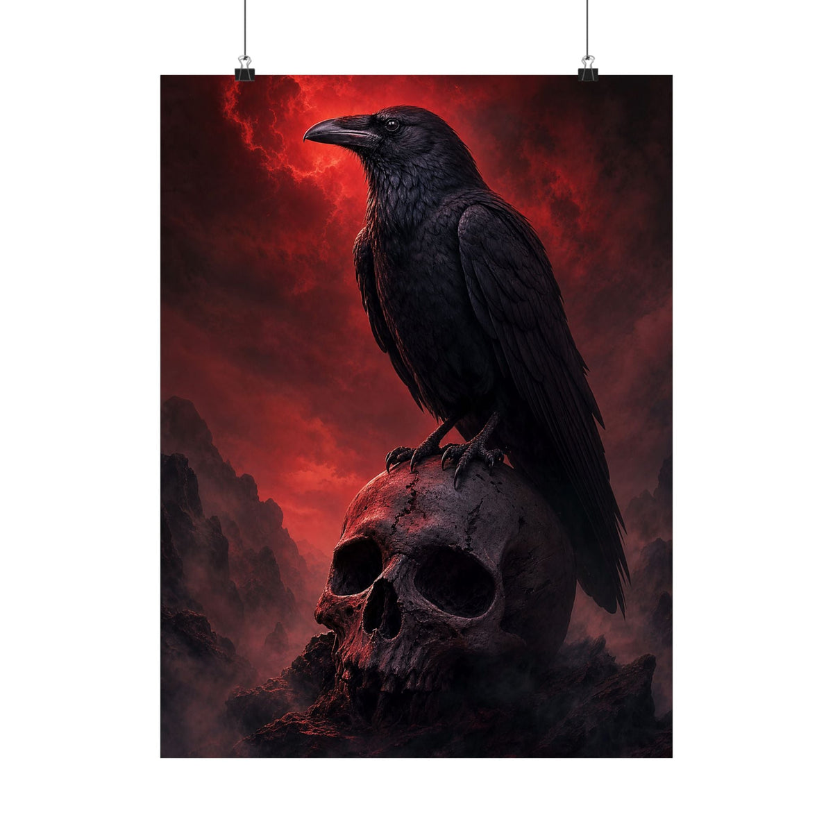 Raven Perched On Skull - Dark Fantasy Art Print (Matte Poster) - Moikas
