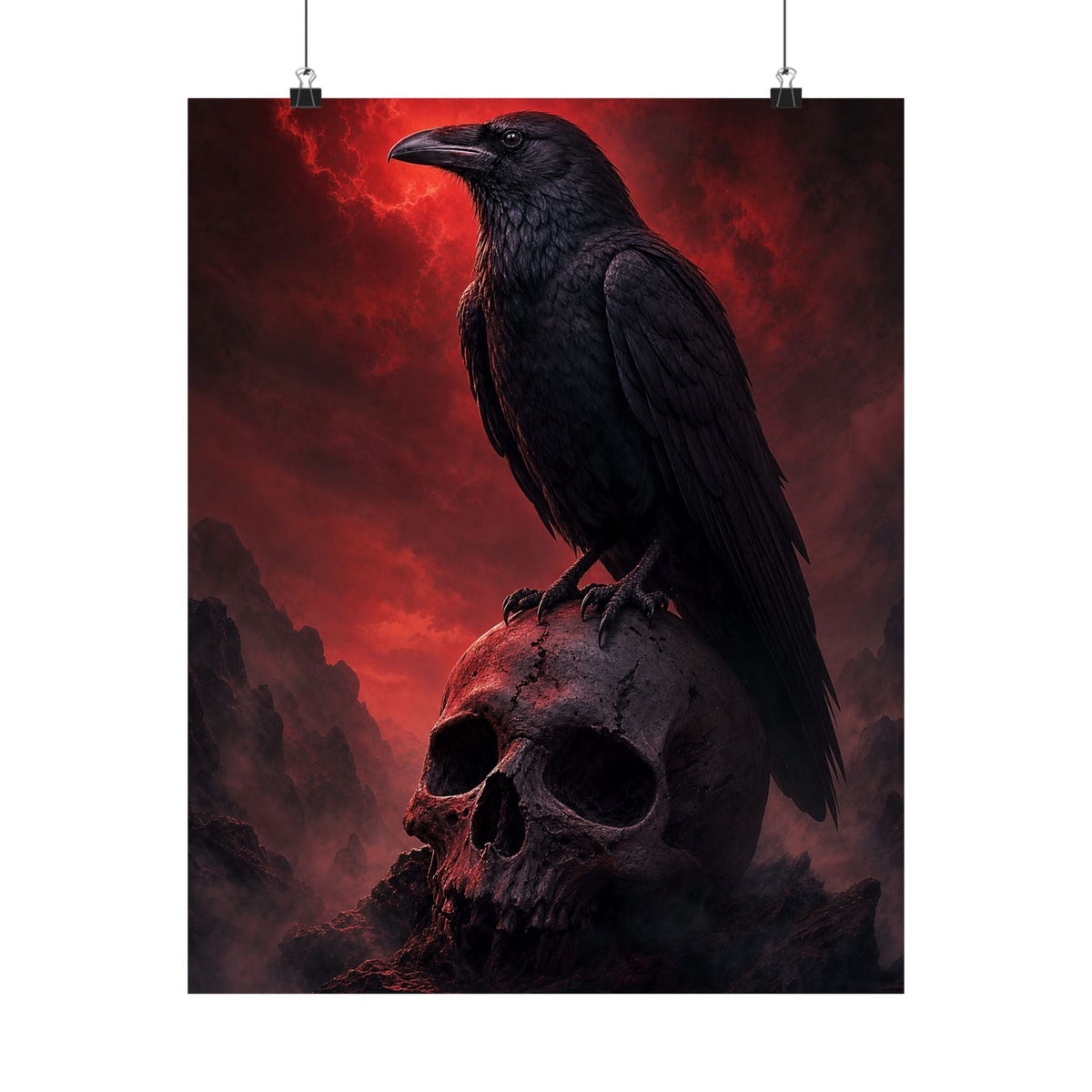 Raven Perched On Skull - Dark Fantasy Art Print (Matte Poster) - Moikas