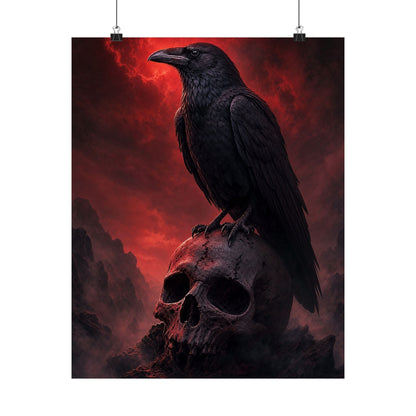 Raven Perched On Skull - Dark Fantasy Art Print (Matte Poster) - Moikas